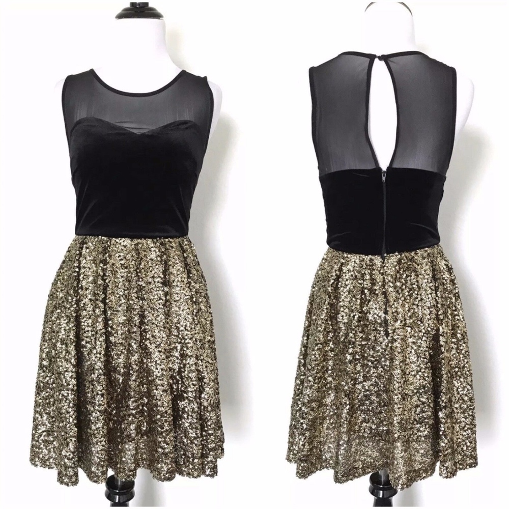 Guess Black Gold Velvet Sequin Sleeveless Dress